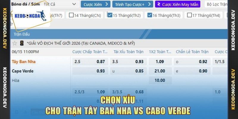 Chọn Xỉu cho trận Tây Ban Nha vs Cabo Verde